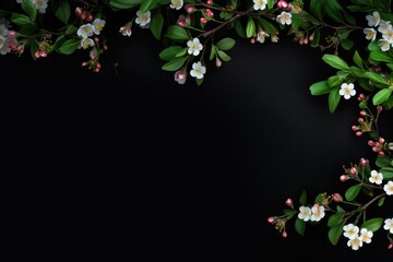  a branch of a tree with white and pink flowers and green leaves on a black background with a place for a text or a name in the center of the picture.