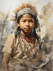 Indigenous Child Portrait Cinematic Light, A Child Wearing A Feather Headdress