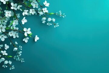  a branch of a tree with white flowers on a blue background with a place for a text or a picture of a branch of a tree with white flowers on a blue background.