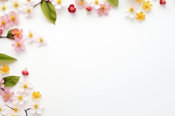  a white background with pink, yellow, and white flowers and green leaves on top of the image is an overhead view of a branch with leaves and flowers on the bottom.