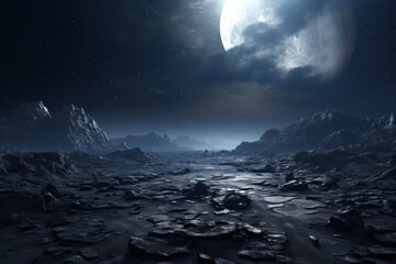  a view of a rocky area with a moon in the sky and a few stars in the sky and some rocks on the ground and one in the foreground.