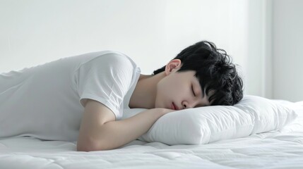 Asian young man sleeping on the pillow in white bedroom