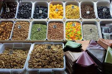 Closeup of assorted dried exotic fruits in local traditional market