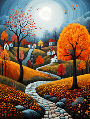 Autumn Landscape, A Painting Of A Landscape With Houses And Trees