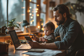 A father and his little son work at home on a laptop and use the phone - obrazy, fototapety, plakaty