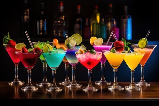  a row of colorful cocktails sitting on top of a wooden table next to a bottle of alcohol and a glass filled with a variety of different types of drinks.