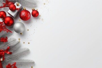  a white christmas background with silver and red ornaments and silver and gold ornaments on a white background with silver and gold stars and snowflakes on the bottom of the.