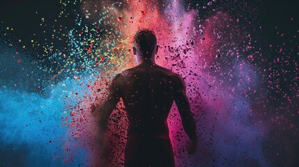 Conceptual image with a silhouette of a man in colored powder