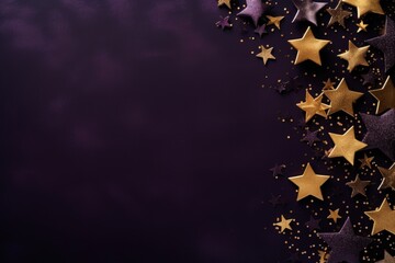  a group of gold stars on a purple background with a place for a text or a picture to put on a card or brochure or brochure.