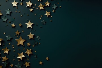  a group of gold stars on a dark green background with space for a text or a logo on the bottom right side of the image and bottom half of the image.