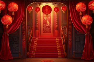 Foto op Canvas Chinese illustration. Stairs in asian new year or spring entry realistic greeting poster, red lanterns, curtains traditional festive china lunar calendar © Denis