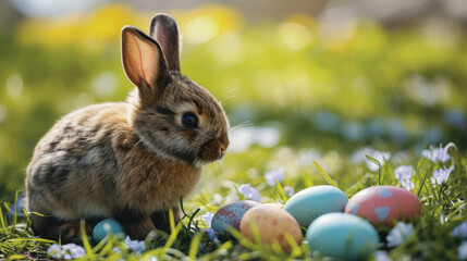Easter bunny with decorated eggs on the grass with flowers in the sunlight, with space for text