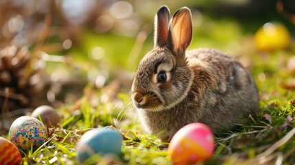 Easter bunny with decorated eggs on the grass in the sunlight, with space for text