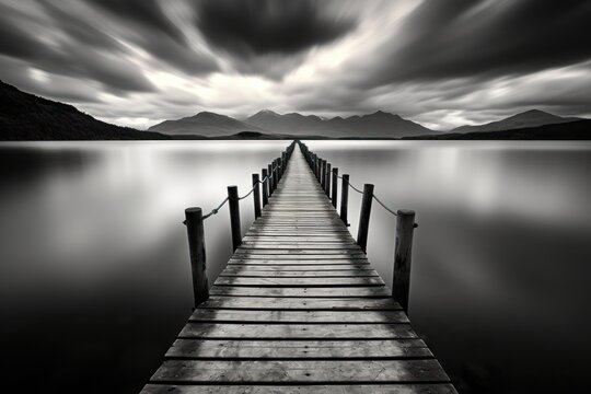  a black and white photo of a dock in the middle of a body of water with mountains in the distance and clouds in the sky overcast with dark clouds.