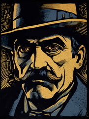 Early 20Th-Centry Poster-Style Linocut, A Man With A Mustache Wearing A Hat