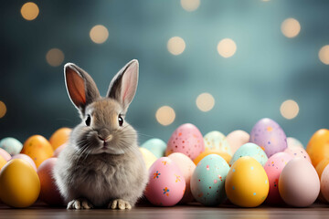 Funny Easter Rabbit With Copy Space, A Rabbit Next To A Pile Of Eggs