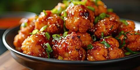 Gobi Manchurian Extravaganza: A vibrant street food scene showcasing spiced cauliflower - Spiced Cauliflower Delight - Dynamic, colorful lighting capturing the excitement and crispy texture - obrazy, fototapety, plakaty