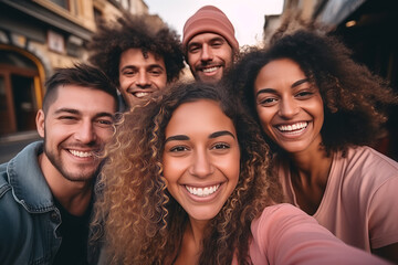 Fototapeta premium Multiracial group of young friends taking selfie with smartphone camera