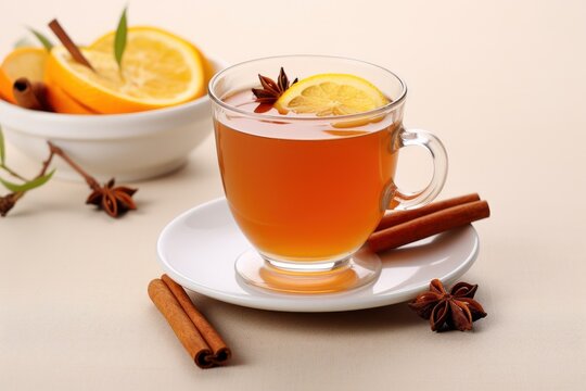  a cup of tea with an orange slice and cinnamon on a saucer next to a bowl of oranges and anisette on a plate with cinnamon sticks.