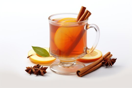  a cup of tea with cinnamon, anisette, and anisette on a white background with cinnamon sticks and anisette on the side of the cup.