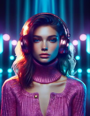 Naklejka na ściany i meble Girl music lover in headphones. Glittery outfit and neon lights.