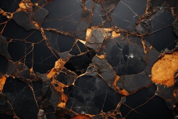  a close up of a black and gold marbled surface with cracks and cracks in the middle of the surface, with a black background of gold and black marble.
