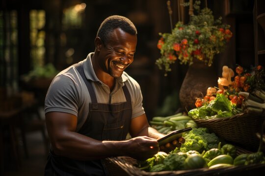 A cheerful African American farmer immersed in the digital age, managing his farm seamlessly with a smartphone