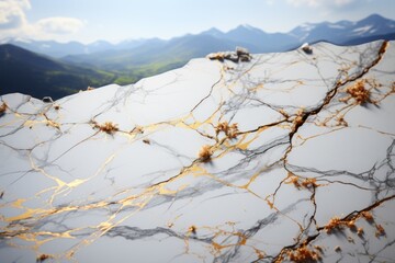  a close up of a marbled surface with mountains in the backgrouds of the image in the backgrouds of the foreground and a blue sky with a few clouds in the foreground.