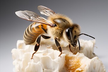 Wasp on empty honeycomb on white background, honey advertisement - obrazy, fototapety, plakaty
