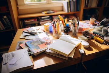 Books and pencils on the table at the study table. Selective focus.. Selective focus.