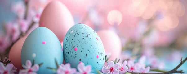 Easter pastel blue-pink eggs with flowers, with space for text