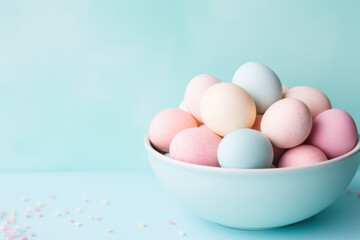 Easter eggs in pastel colors, in a blue bowl on a blue background, with space for text