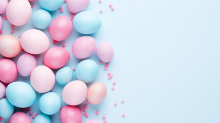 Fototapeta na wymiar Multi-colored Easter eggs in pastel colors, half frame pattern with space for text