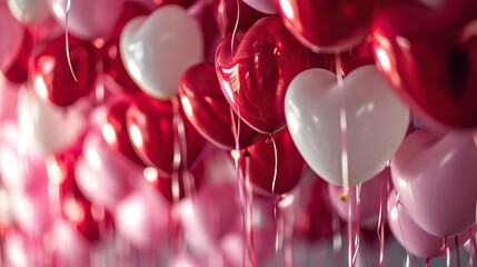 Red heart shaped balloons on stylish background. Valentine's Day concept - obrazy, fototapety, plakaty
