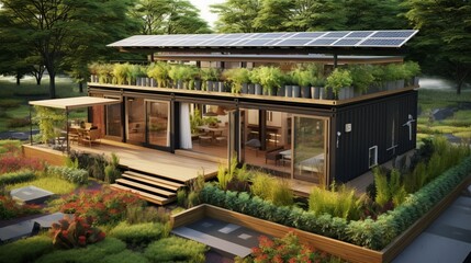 An energy-efficient container home with a green roof, solar panels, and a rainwater harvesting system, set in a sustainable community.