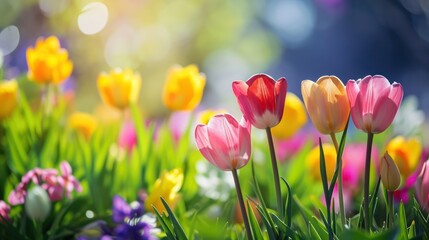 Colorful Tulip flowers bloom in spring, displaying beautiful colors and radiating freshness.
