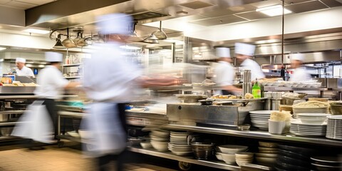 Culinary kitchen with chefs motion blur , concept of Food preparation