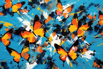  a painting of a bunch of orange butterflies flying through the air on a blue background with white and orange streaks of paint on the bottom half of the image and bottom half of the.