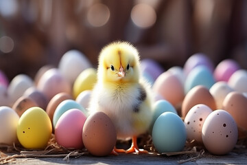 Cute baby chicken and easter eggs