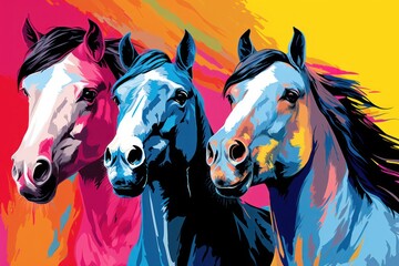  a group of three horses standing next to each other on a yellow, red, blue, and pink background with a yellow, pink, orange, pink, and yellow background.