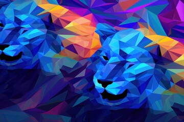  a colorful picture of two lions on a blue background with a red, yellow, purple, and blue design in the middle of the image is a low poly polygonic style.