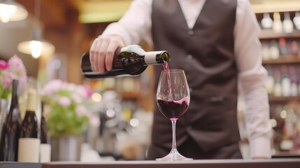Male waiter pouring wine. The artful pour of red wine into a glass reveals a tantalizing glimpse of the flavors and aromas that lie within, promising an exquisite experience.