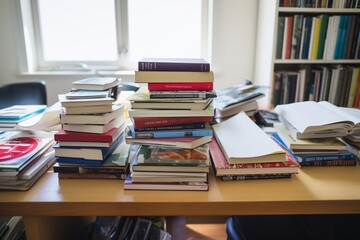 Pile of books on the table in library. Education concept.