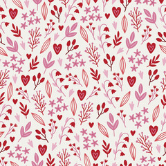 Valentine's Day seamless pattern with flowers, leaves, berries and hearts