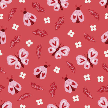 Valentine's Day seamless pattern with butterflies, flowers and leaves
