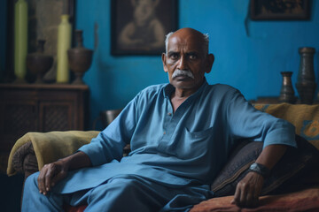 Fototapeta premium Elderly South Asian man in traditional attire, sitting solemnly in a room with rich blue walls and cultural decor