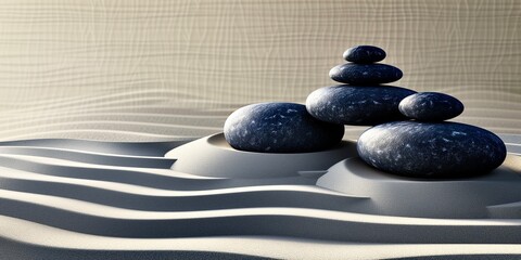 Japanese garden. Pyramid of Grey, Black smooth stones laid on Sand waves. Zen. Meditation. Concept balance, peace, calm, harmony. Minimalism. Relax. Spa atmosphere. Natural background. Copy space. 3D