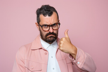Skeptical man with glasses giving a thumbs up, his facial expression a mix of approval and doubt, against a pink background