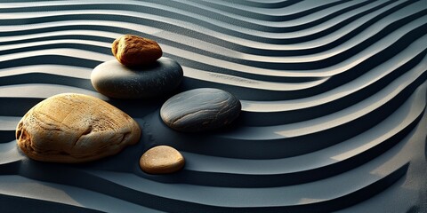 Japanese garden. Grey, Black smooth stones laid on Sand waves. Zen. Meditation. Concept balance, peace, calm, harmony. Minimalism. Relax. Spa atmosphere. Natural background. Copy space. Ai art