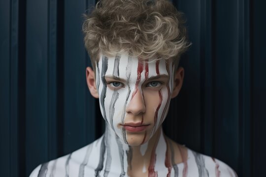 Boy with striped paint over face, concept of guilt or shame